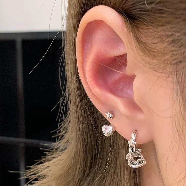 Dainty Pink CZ Inlaid Heart Star Hoop Dangle Earrings Set - ArtGalleryZen