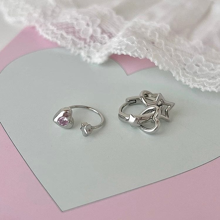 Dainty Pink CZ Inlaid Heart Star Hoop Dangle Earrings Set - ArtGalleryZen