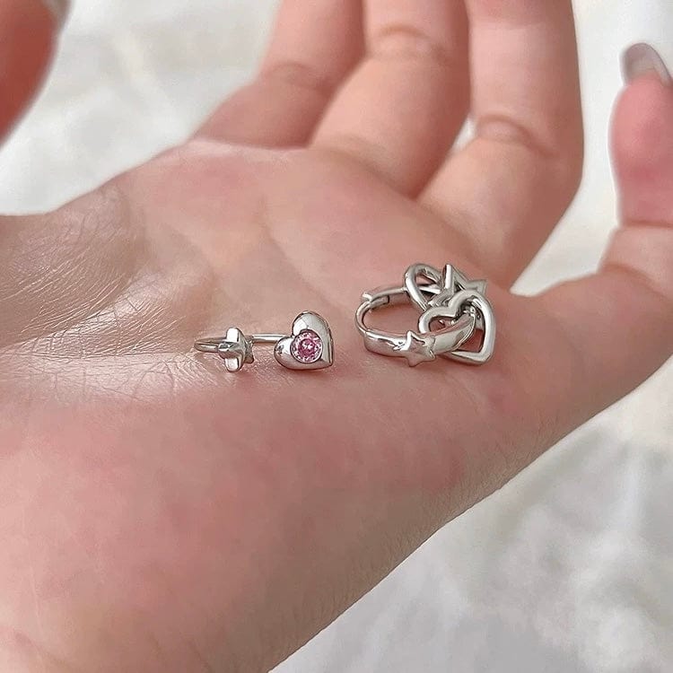 Dainty Pink CZ Inlaid Heart Star Hoop Dangle Earrings Set - ArtGalleryZen