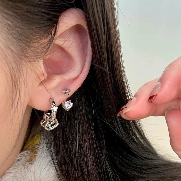 Dainty Pink CZ Inlaid Heart Star Hoop Dangle Earrings Set - ArtGalleryZen