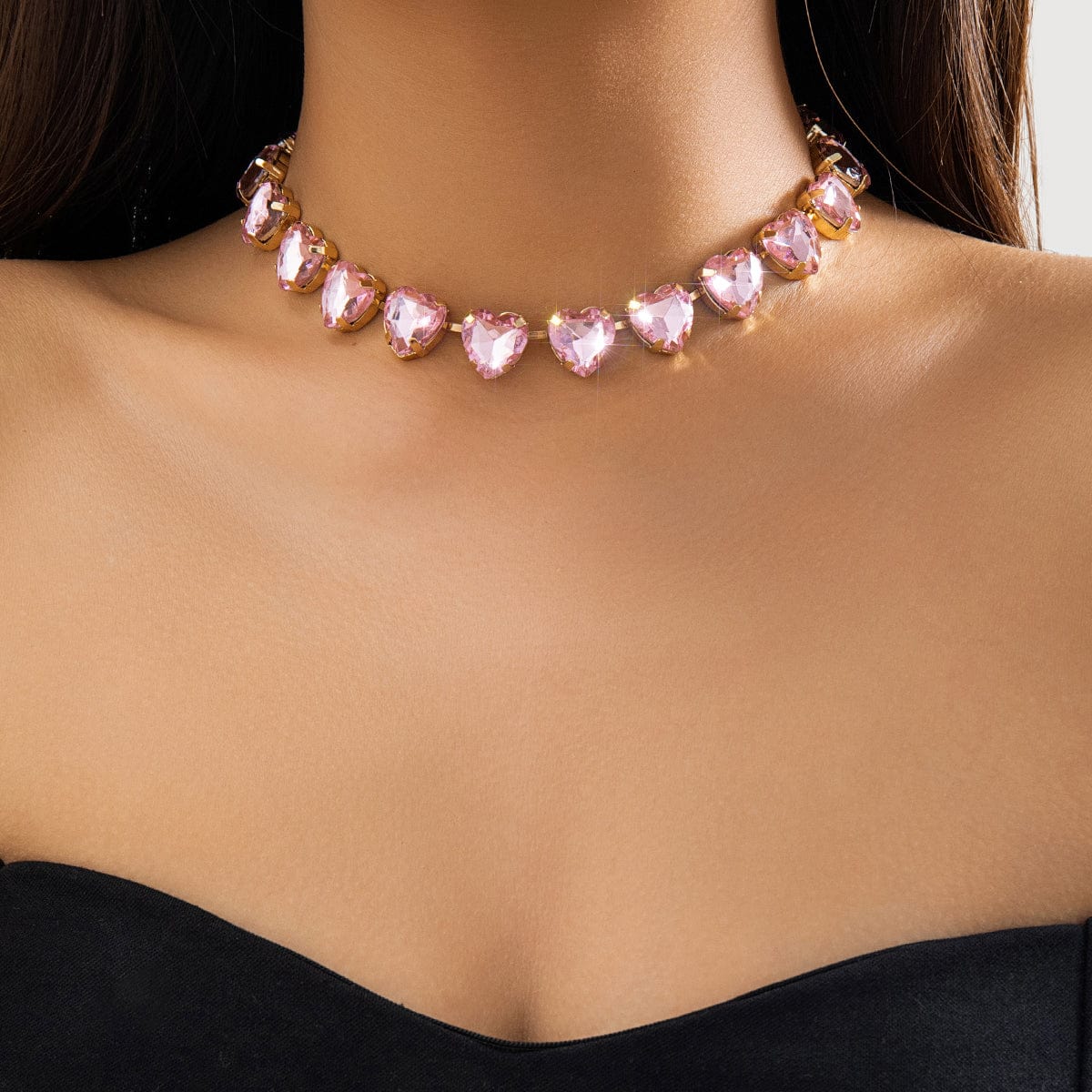 Dainty Pink Heart CZ Inlaid Choker Necklace - ArtGalleryZen