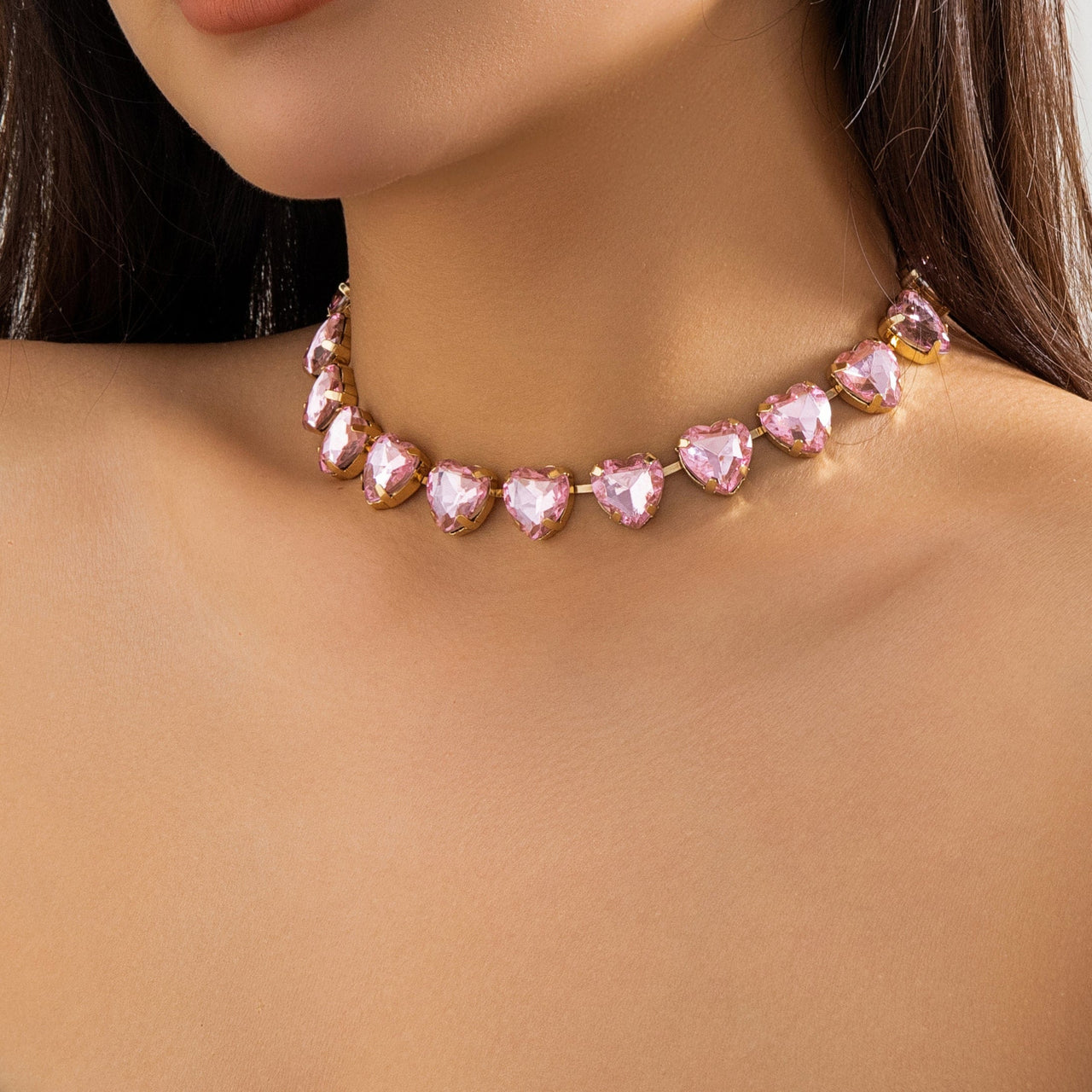 Dainty Pink Heart CZ Inlaid Choker Necklace - ArtGalleryZen