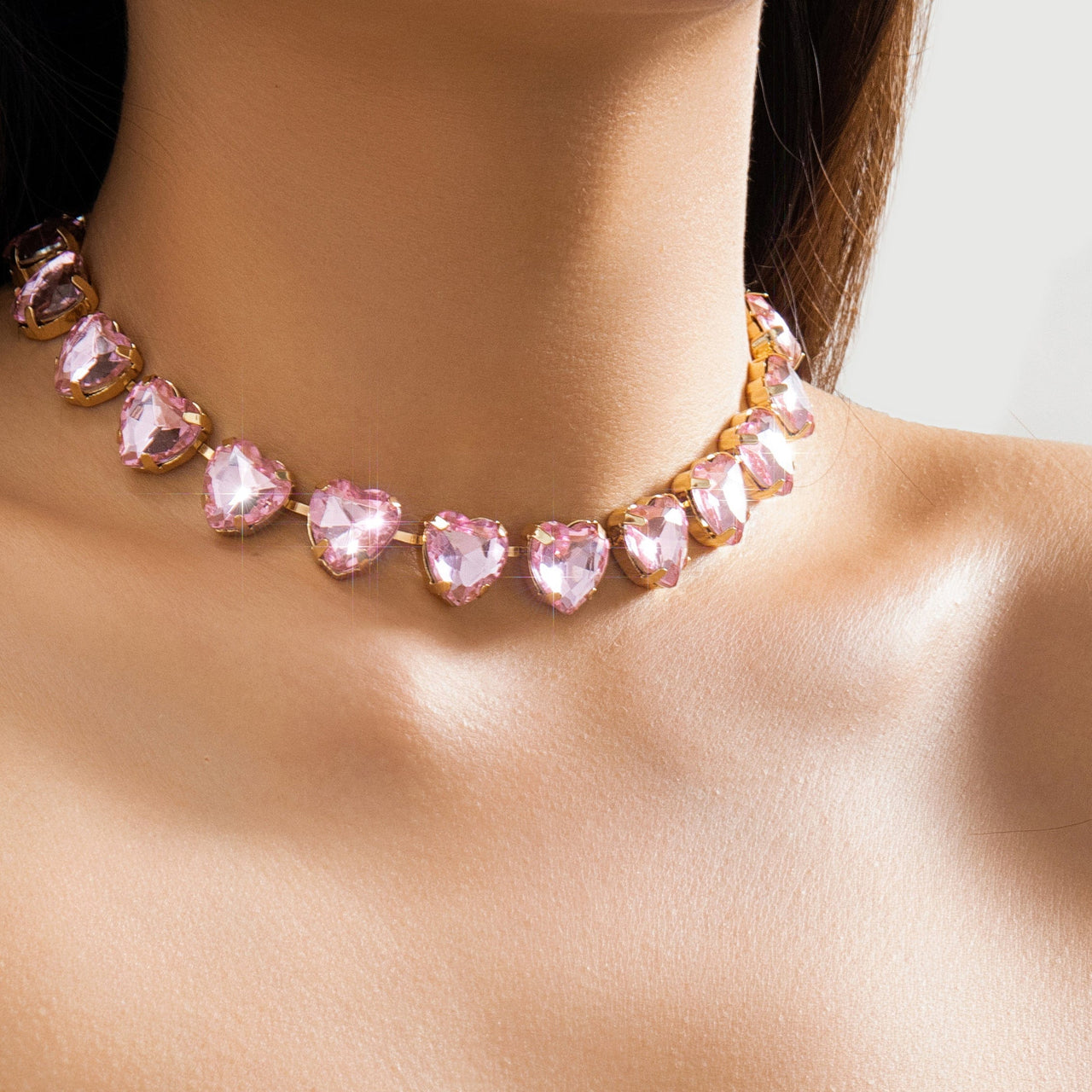 Dainty Pink Heart CZ Inlaid Choker Necklace - ArtGalleryZen