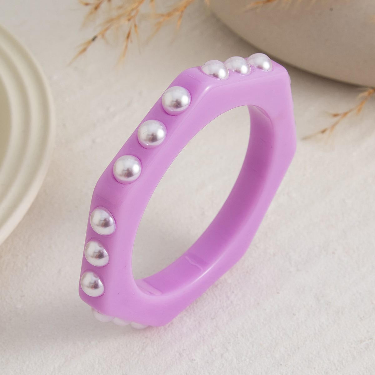 Dainty Polygon Pearl Resin Bangle Bracelet - ArtGalleryZen