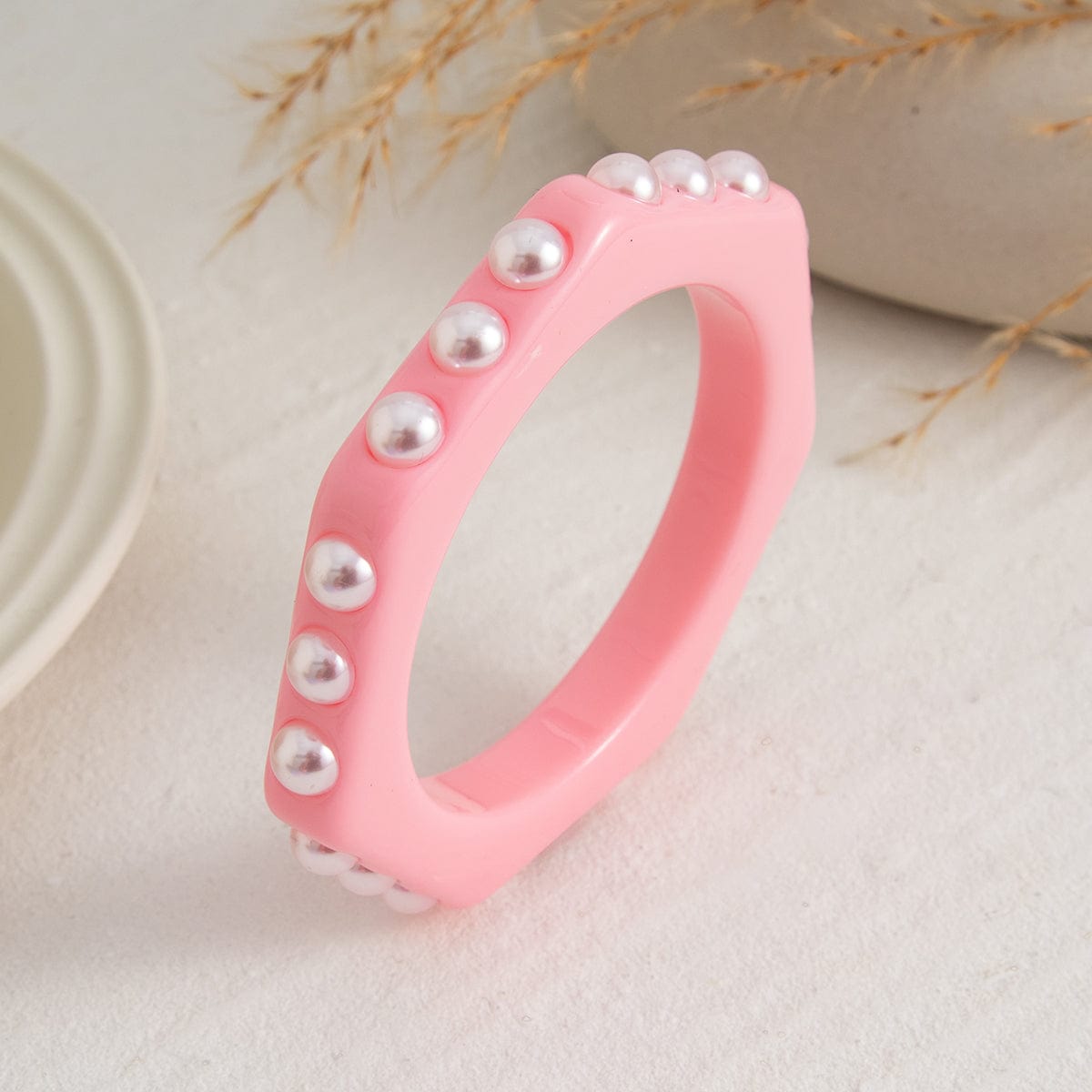 Dainty Polygon Pearl Resin Bangle Bracelet