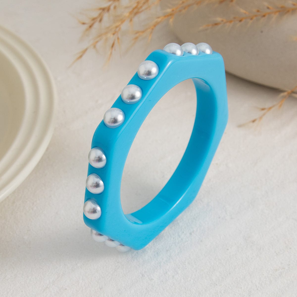 Dainty Polygon Pearl Resin Bangle Bracelet