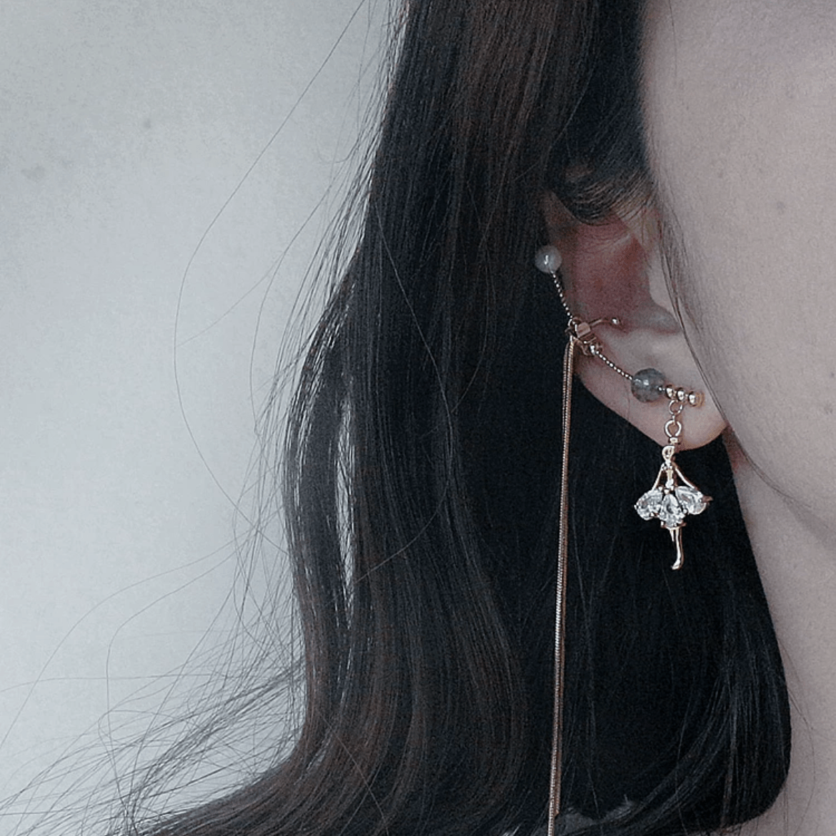Dainty Rhinestone Inlaid Ballet Dancer Dangle Long Chain Ear Clip Earring - ArtGalleryZen