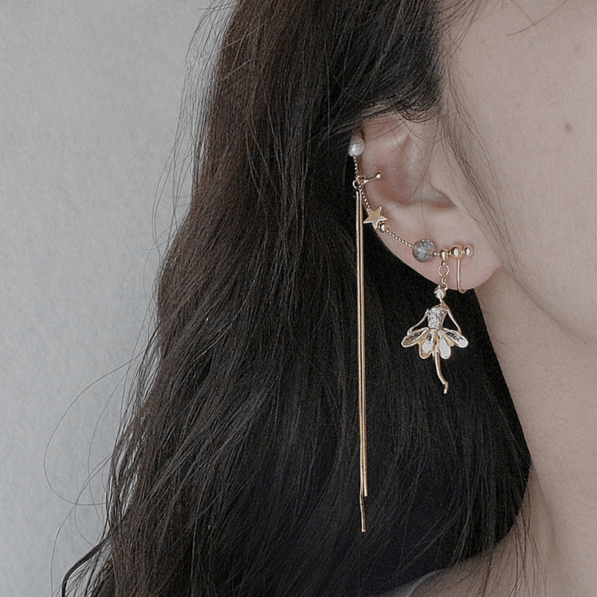 Dainty Rhinestone Inlaid Ballet Dancer Dangle Long Chain Ear Clip Earring - ArtGalleryZen