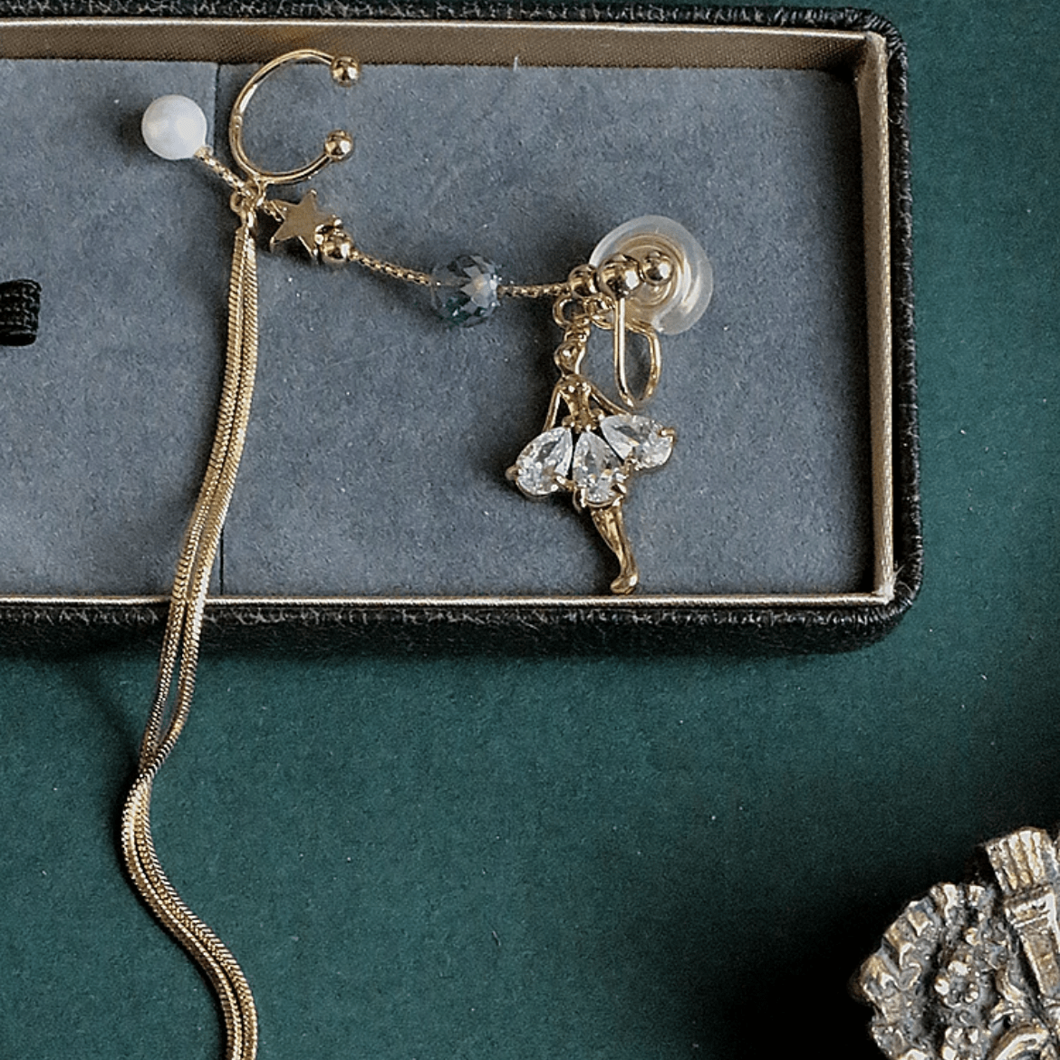 Dainty Rhinestone Inlaid Ballet Dancer Dangle Long Chain Ear Clip Earring - ArtGalleryZen