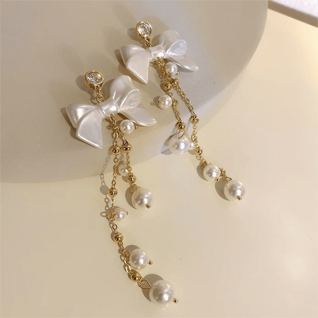 Dainty Rhinestone Inlaid Dangling Bowknot Pearl Earrings - ArtGalleryZen