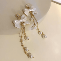 Thumbnail for Dainty Rhinestone Inlaid Dangling Bowknot Pearl Earrings - ArtGalleryZen