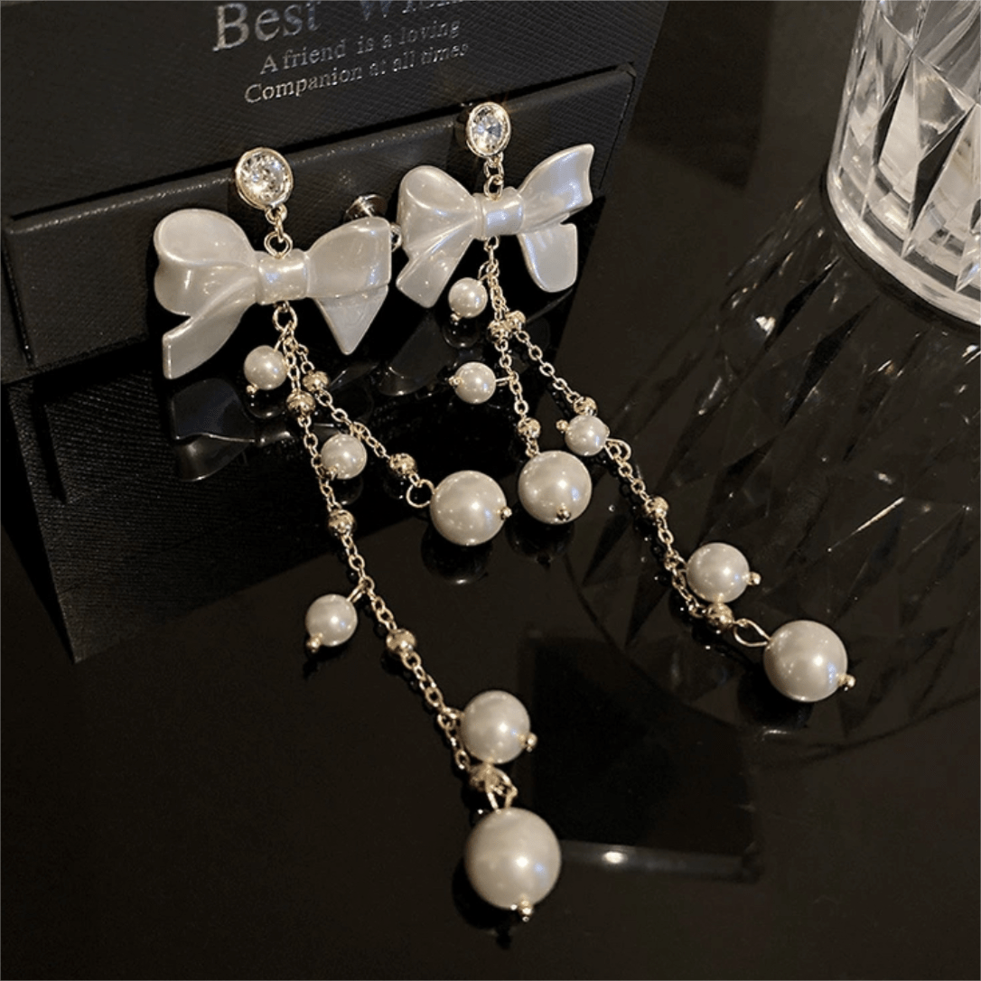 Dainty Rhinestone Inlaid Dangling Bowknot Pearl Earrings - ArtGalleryZen