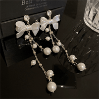 Thumbnail for Dainty Rhinestone Inlaid Dangling Bowknot Pearl Earrings - ArtGalleryZen