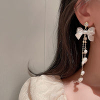 Thumbnail for Dainty Rhinestone Inlaid Dangling Bowknot Pearl Earrings - ArtGalleryZen