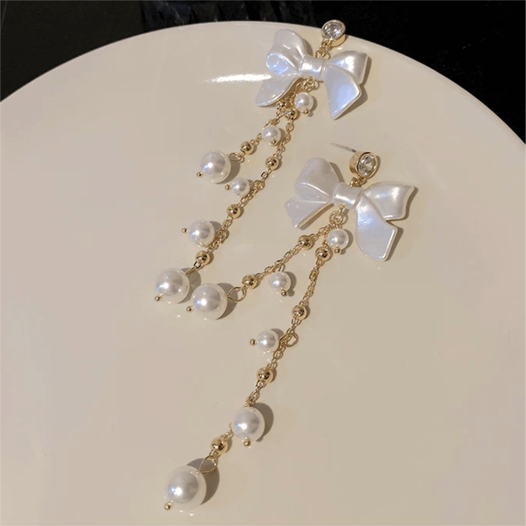 Dainty Rhinestone Inlaid Dangling Bowknot Pearl Earrings - ArtGalleryZen