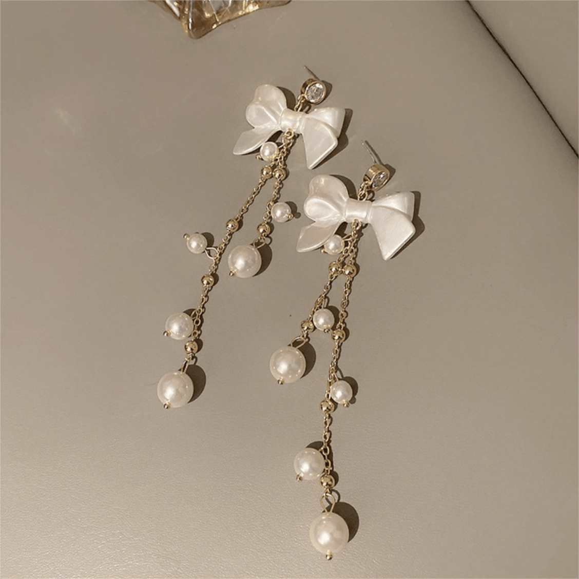 Dainty Rhinestone Inlaid Dangling Bowknot Pearl Earrings - ArtGalleryZen