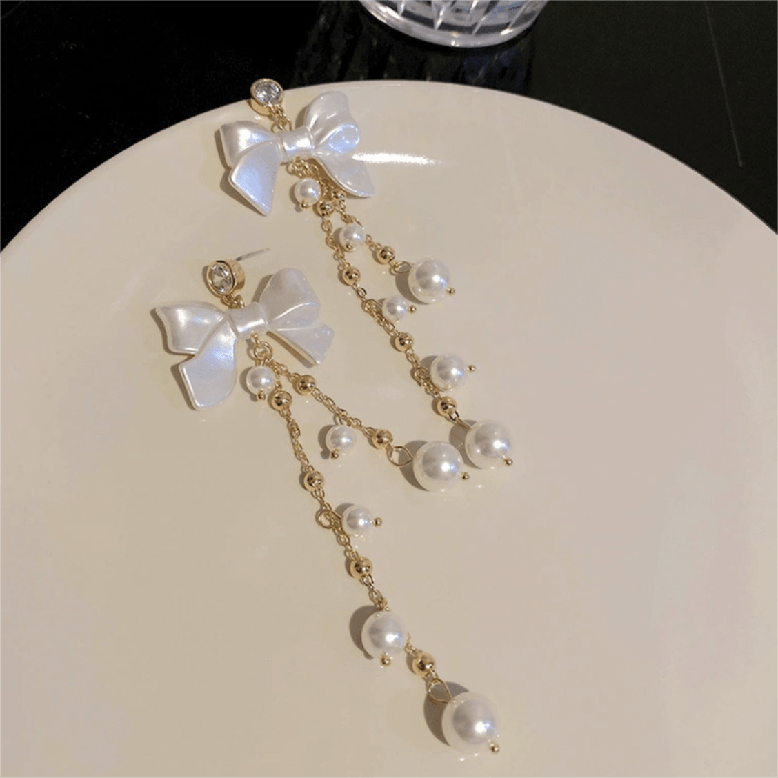 Dainty Rhinestone Inlaid Dangling Bowknot Pearl Earrings - ArtGalleryZen