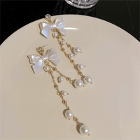Thumbnail for Dainty Rhinestone Inlaid Dangling Bowknot Pearl Earrings - ArtGalleryZen