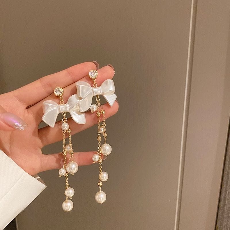 Dainty Rhinestone Inlaid Dangling Bowknot Pearl Earrings - ArtGalleryZen