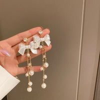 Thumbnail for Dainty Rhinestone Inlaid Dangling Bowknot Pearl Earrings - ArtGalleryZen
