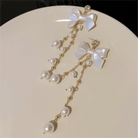 Thumbnail for Dainty Rhinestone Inlaid Dangling Bowknot Pearl Earrings