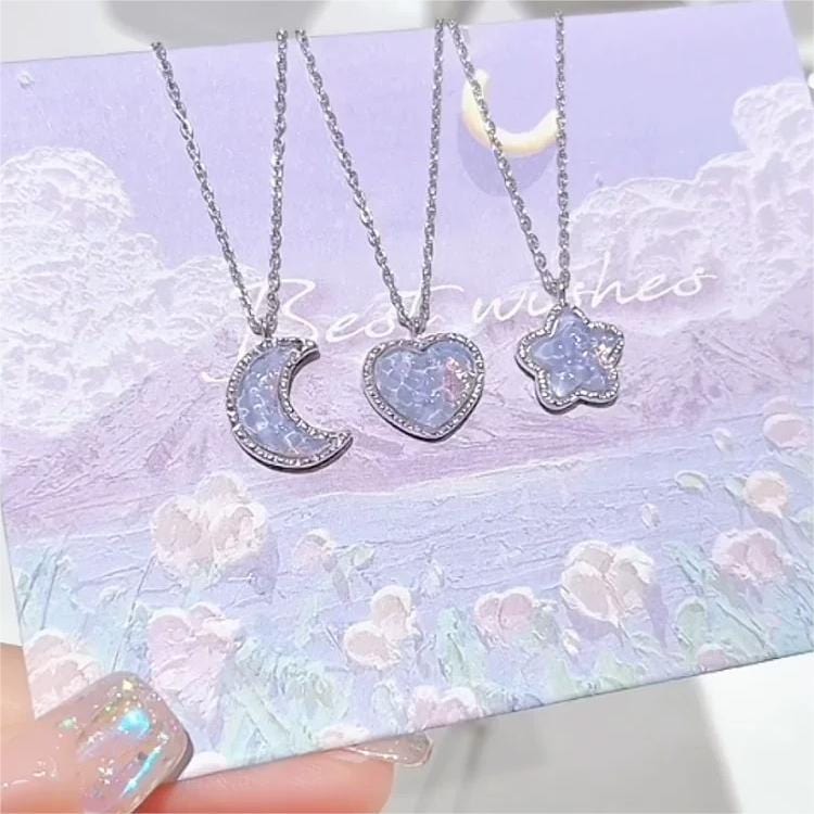 Dainty S925 Silver Gradient Water Ripple Moon Heart Star Necklace - ArtGalleryZen