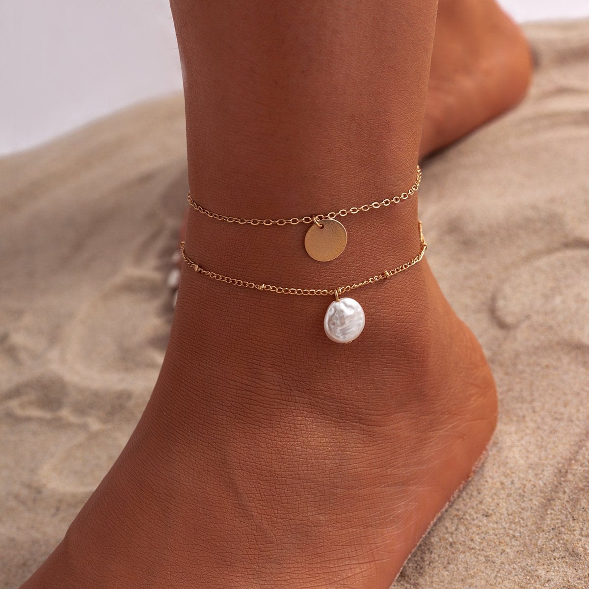 Dainty Sequin Pearl Charm Cable Saturn Chain Stackable Anklet Set - ArtGalleryZen