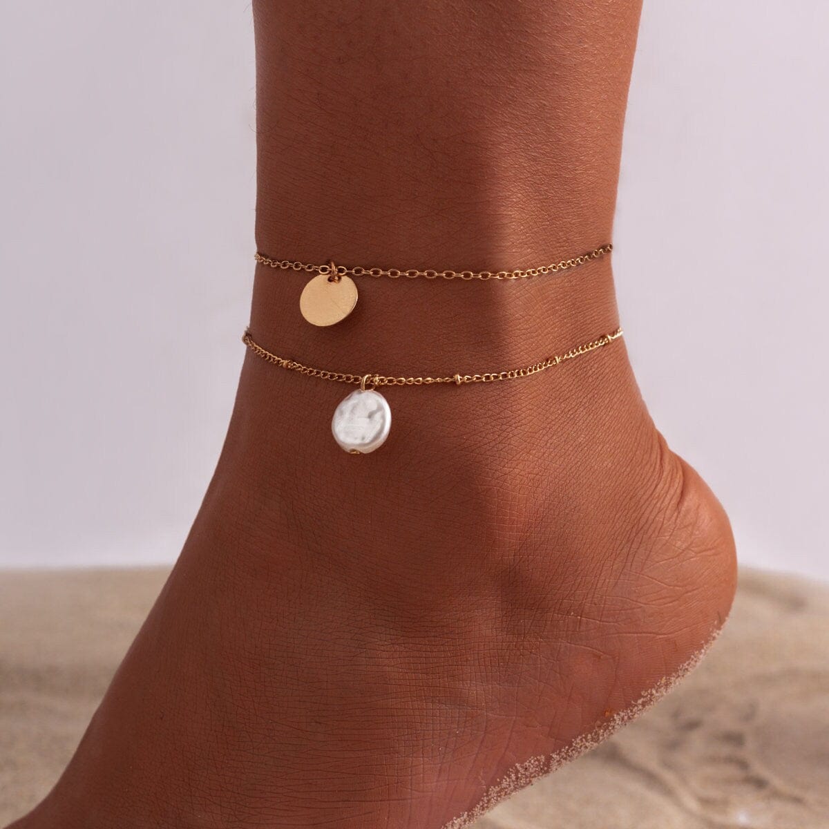 Dainty Sequin Pearl Charm Cable Saturn Chain Stackable Anklet Set - ArtGalleryZen