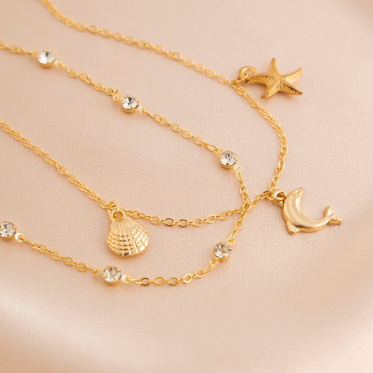 Dainty Shell Dolphin Starfish Charm Crystal Chain Anklet Set