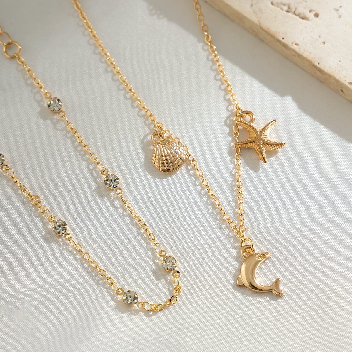 Dainty Shell Dolphin Starfish Charm Crystal Chain Anklet Set