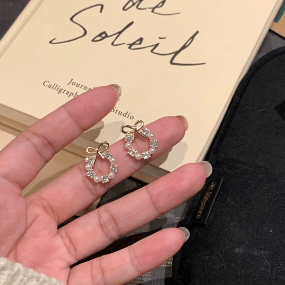 Delicate CZ Pearl Inlaid Hoop Bowknot Stud Earrings - ArtGalleryZen