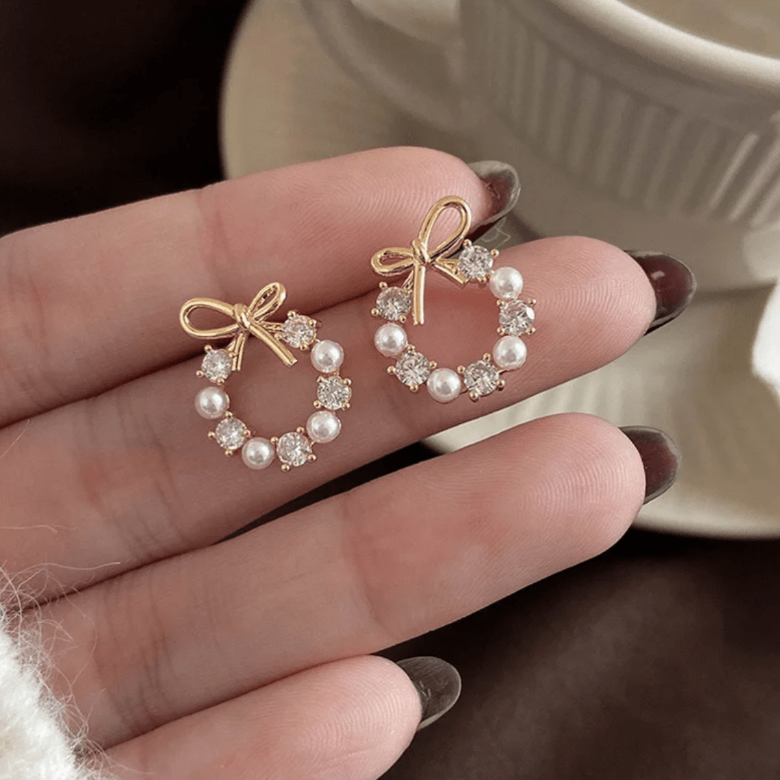 Delicate CZ Pearl Inlaid Hoop Bowknot Stud Earrings - ArtGalleryZen