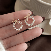 Thumbnail for Delicate CZ Pearl Inlaid Hoop Bowknot Stud Earrings - ArtGalleryZen