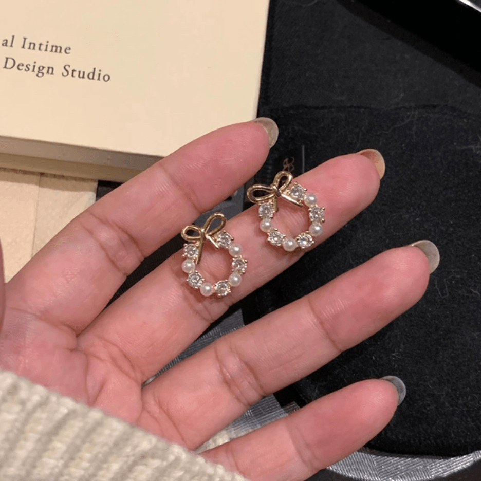 Delicate CZ Pearl Inlaid Hoop Bowknot Stud Earrings - ArtGalleryZen