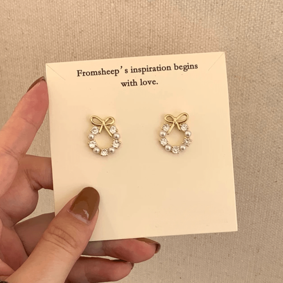 Delicate CZ Pearl Inlaid Hoop Bowknot Stud Earrings - ArtGalleryZen