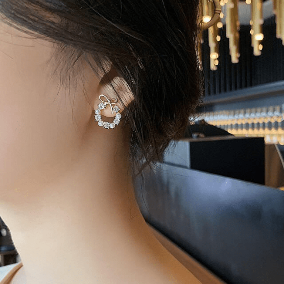 Delicate CZ Pearl Inlaid Hoop Bowknot Stud Earrings - ArtGalleryZen