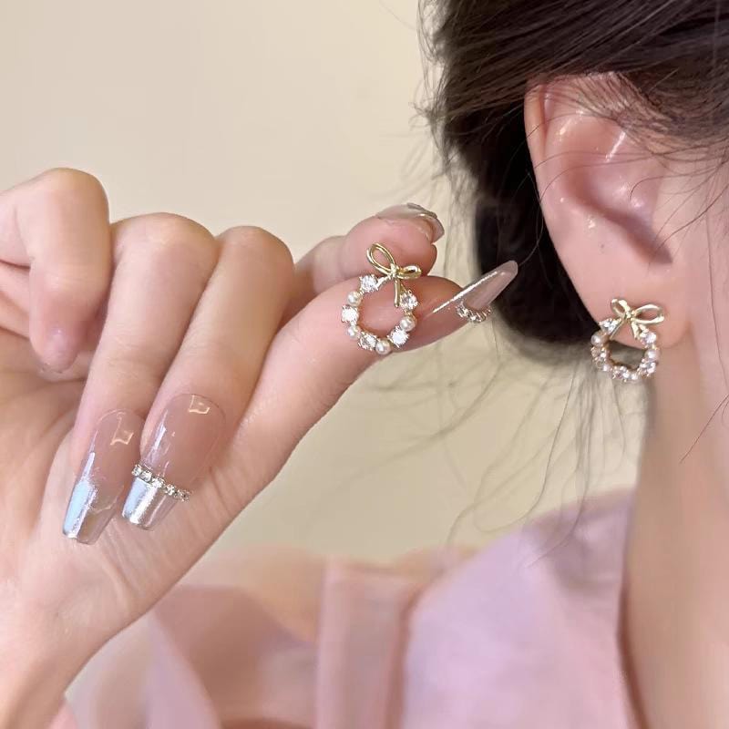 Delicate CZ Pearl Inlaid Hoop Bowknot Stud Earrings - ArtGalleryZen