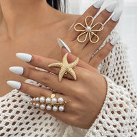 Thumbnail for Delicate Hollow Flower Starfish Grape Shaped Pearl Ring Set - ArtGalleryZen