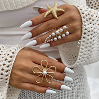 Thumbnail for Delicate Hollow Flower Starfish Grape Shaped Pearl Ring Set - ArtGalleryZen