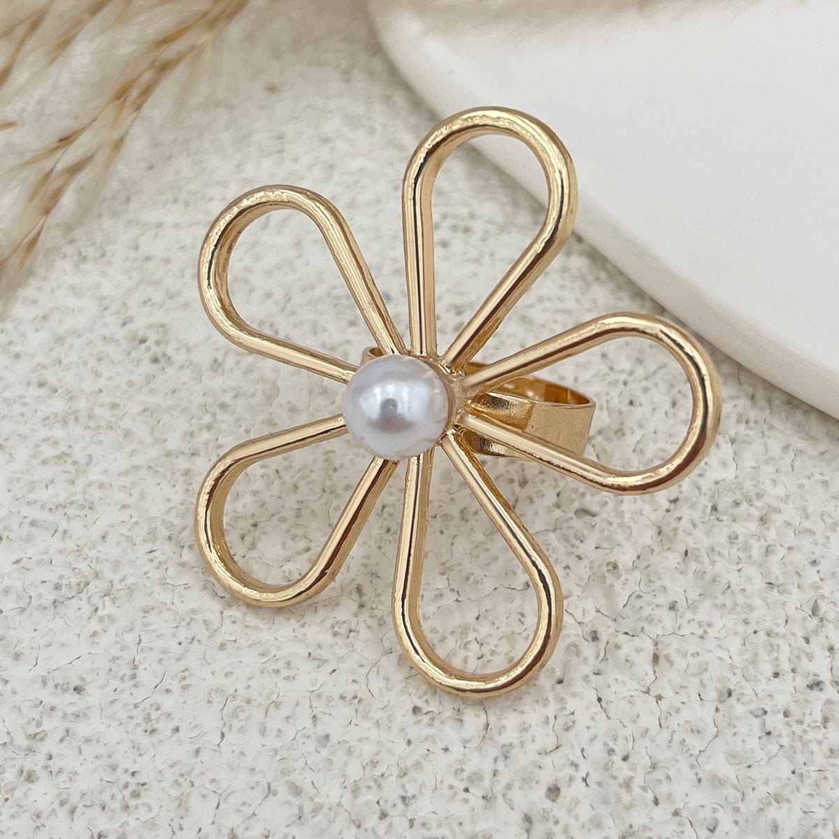 Delicate Hollow Flower Starfish Grape Shaped Pearl Ring Set - ArtGalleryZen