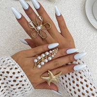 Thumbnail for Delicate Hollow Flower Starfish Grape Shaped Pearl Ring Set - ArtGalleryZen