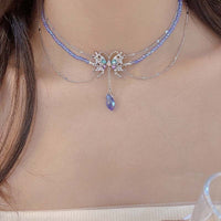 Thumbnail for Delicate Layered CZ Inlaid Butterfly Crystal Pendant Beaded Chain Necklace - ArtGalleryZen