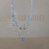 Thumbnail for Delicate Layered CZ Inlaid Butterfly Crystal Pendant Beaded Chain Necklace - ArtGalleryZen