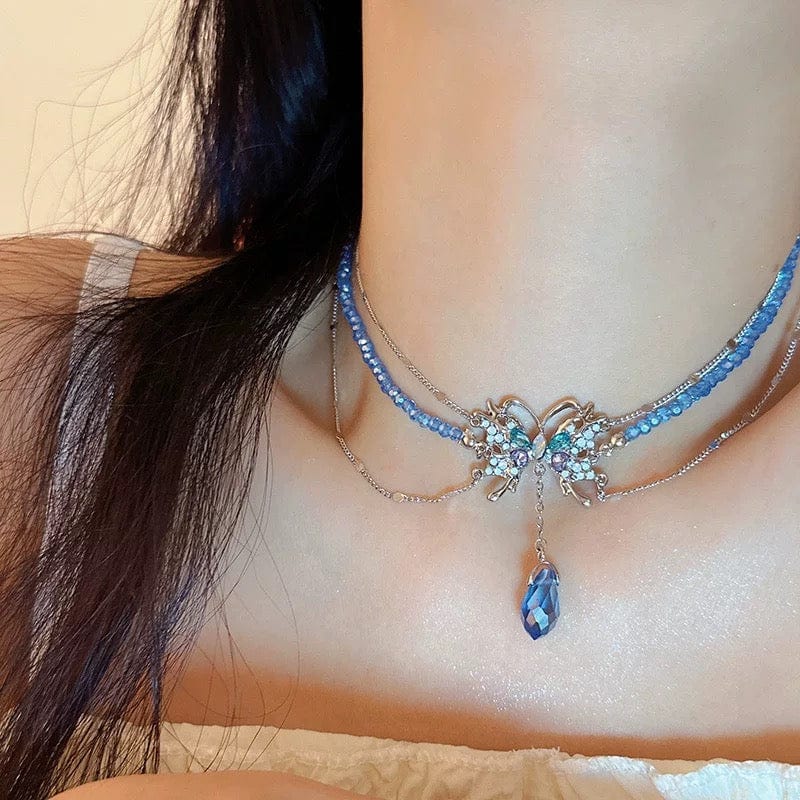 Delicate Layered CZ Inlaid Butterfly Crystal Pendant Beaded Chain Necklace - ArtGalleryZen