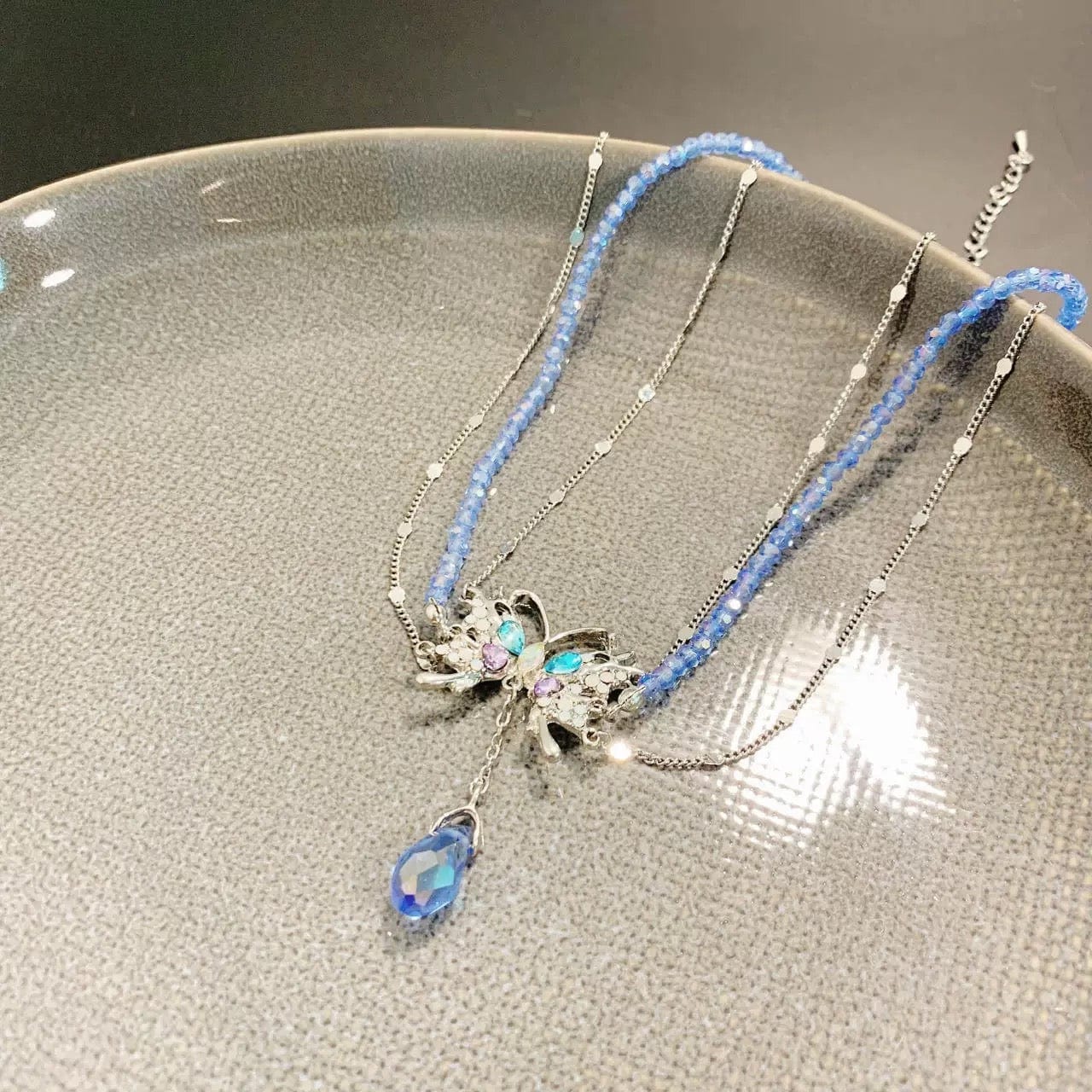 Delicate Layered CZ Inlaid Butterfly Crystal Pendant Beaded Chain Necklace - ArtGalleryZen