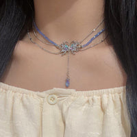 Thumbnail for Delicate Layered CZ Inlaid Butterfly Crystal Pendant Beaded Chain Necklace - ArtGalleryZen