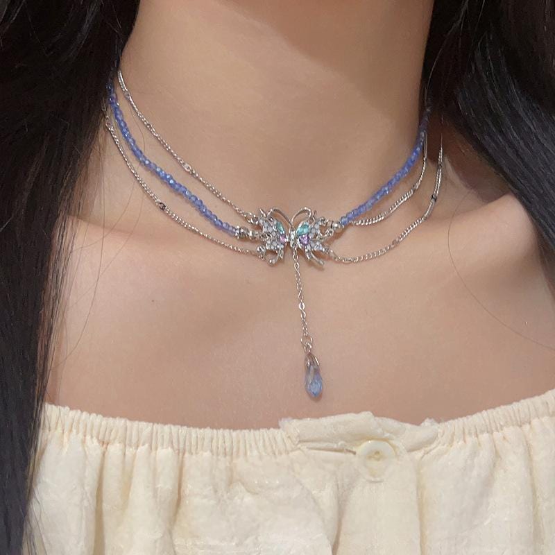 Delicate Layered CZ Inlaid Butterfly Crystal Pendant Beaded Chain Necklace - ArtGalleryZen