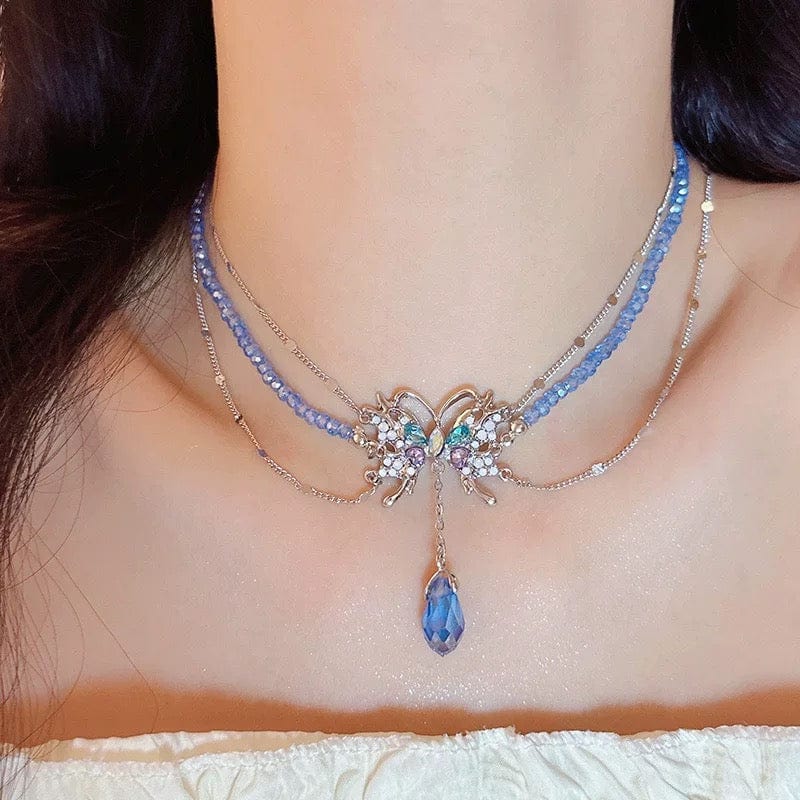 Delicate Layered CZ Inlaid Butterfly Crystal Pendant Beaded Chain Necklace - ArtGalleryZen