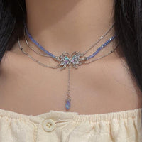 Thumbnail for Delicate Layered CZ Inlaid Butterfly Crystal Pendant Beaded Chain Necklace - ArtGalleryZen