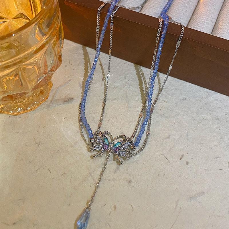 Delicate Layered CZ Inlaid Butterfly Crystal Pendant Beaded Chain Necklace - ArtGalleryZen